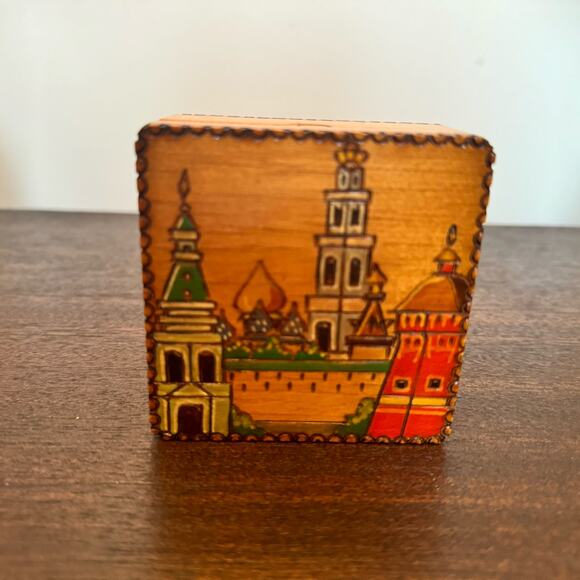 Russian Wooden Trinket Box Wood Burned Painted Soviet Union Stickers on Bottom - Picture 2 of 15